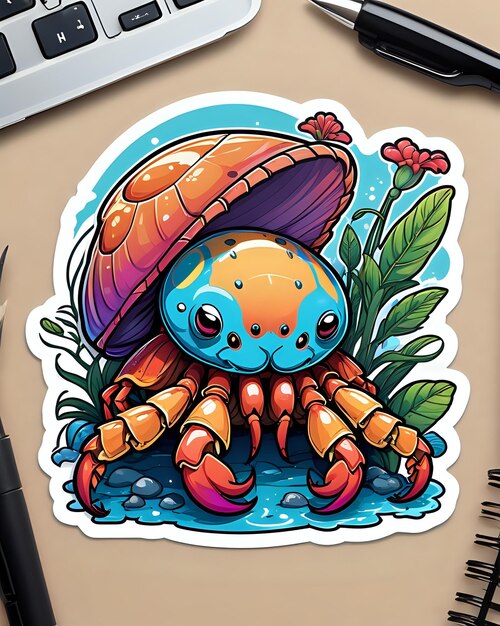 Photo illustration of a cute hermit crab sticker with vibrant colors and a playful expression