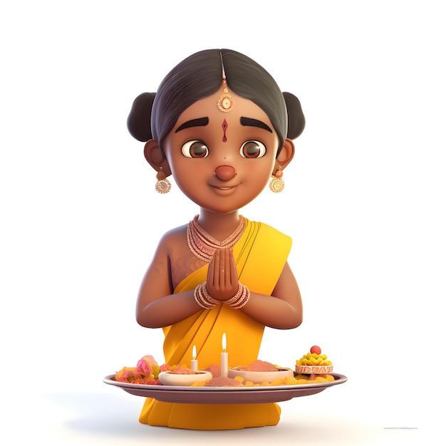 흰색 배경에 기도하는 귀여운 인도 소년의 그림