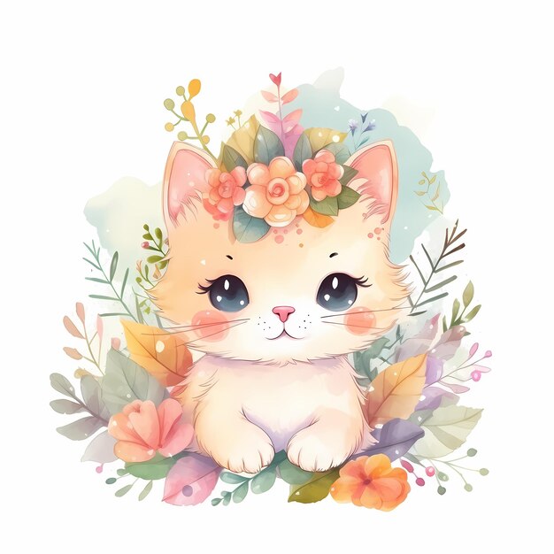 illustration of cute king cat with using crown watercolor style