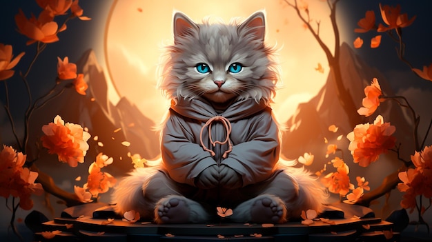 秋の森に座っている可愛い子猫のイラスト