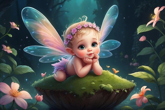 Photo illustration of cute little baby fairy in fly