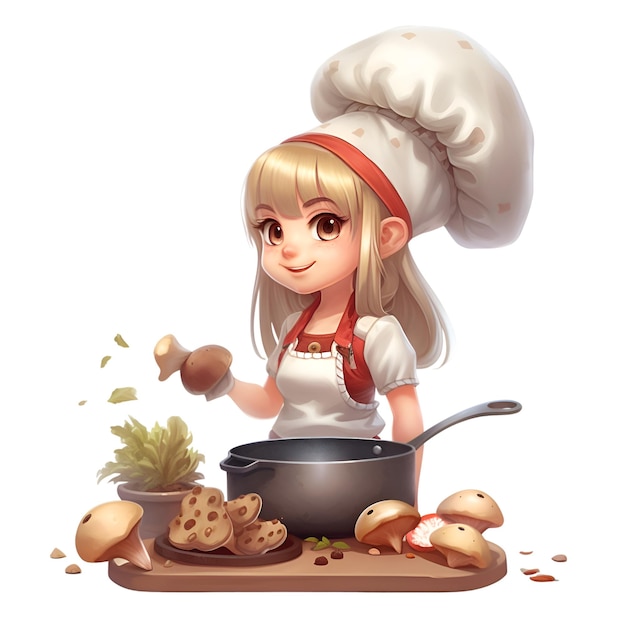 Illustration of a cute little chef girl cooking in the kitchen