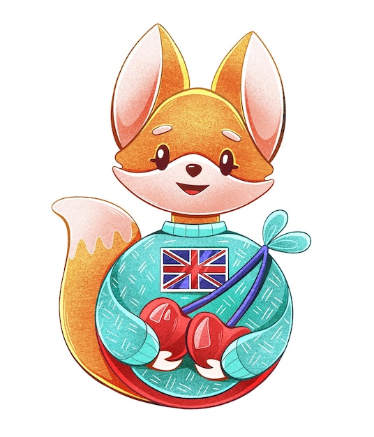 Illustration of a cute little fox character with a cherry in a cartoon style