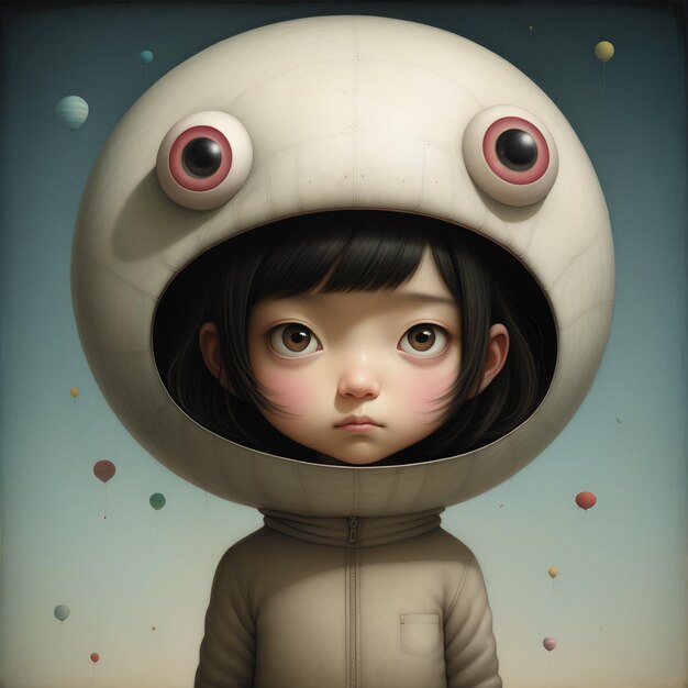Photo illustration of a cute little girl with a hoodie with eyes