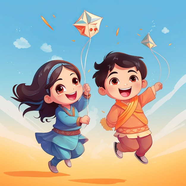 마카르에서 연을 날리는 귀여운 인도계 아이들의 그림