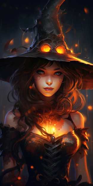 Иллюстрация милая маленькая ведьма в шапке Хэллоуин тема генеративная ai