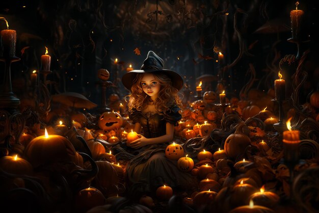 illustration of cute little witch surrounded of Halloween Jacko'lanterns carved pumpkins