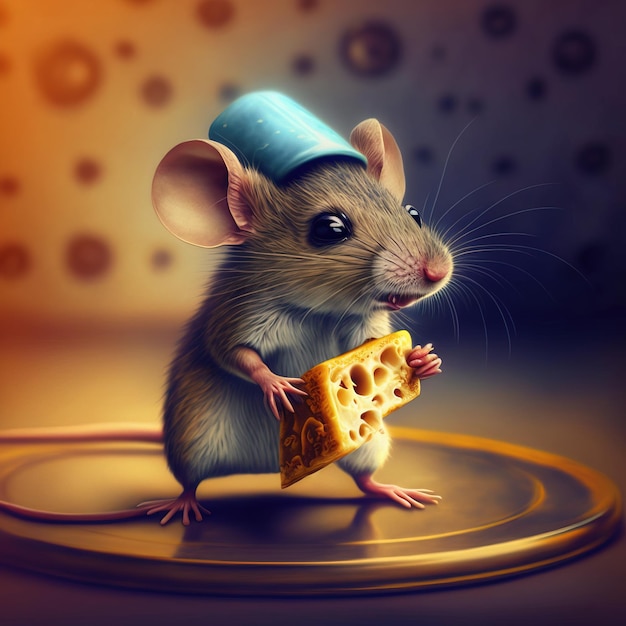 illustration of A cute mouse dressed as a chef on a table in the background a kitchen Generative A