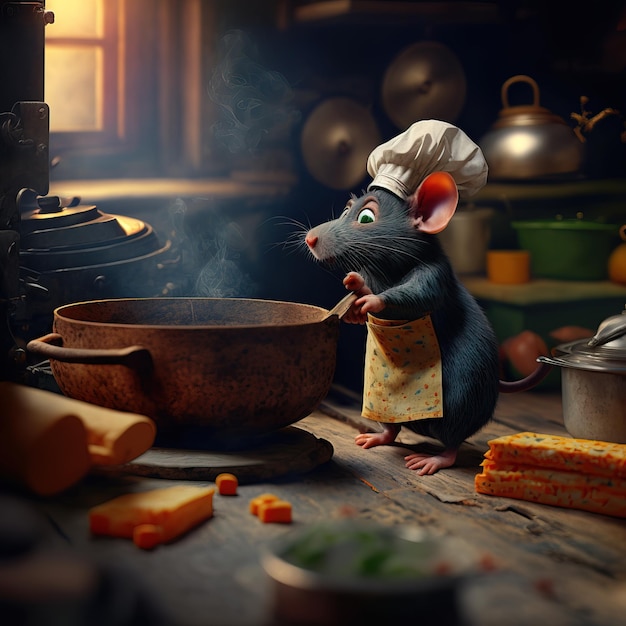 illustration of A cute mouse dressed as a chef on a table in the background a kitchen Generative A