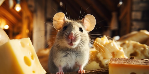 A illustration cute mouse standing by eating delicious cheese ai generative
