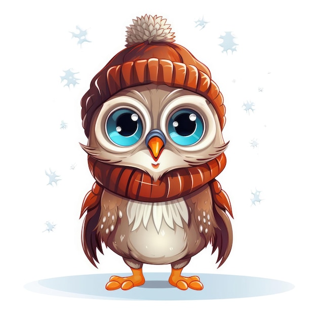 Illustration of a cute owl sitting in a knitted hat and scarf on a white background