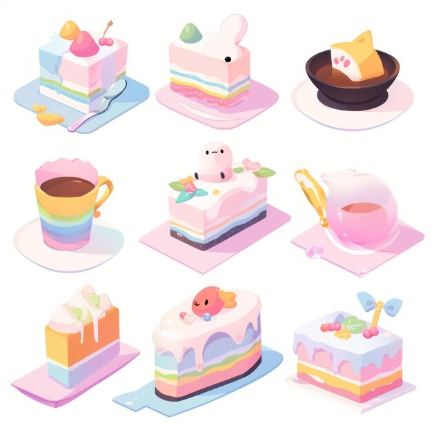 Illustration cute piece of cake set and dessert pastel color Created with Generative AI technology