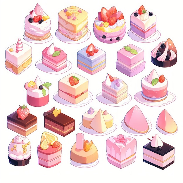 Иллюстрация милого набора кусочков торта и десерта пастельных тонов Создано с помощью технологии генеративного искусственного интеллекта
