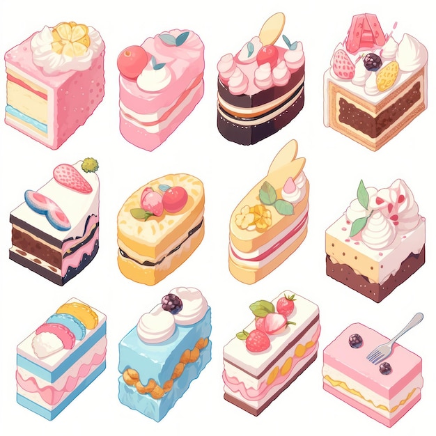 Illustration cute piece of cake set and dessert pastel color Created with Generative AI technology