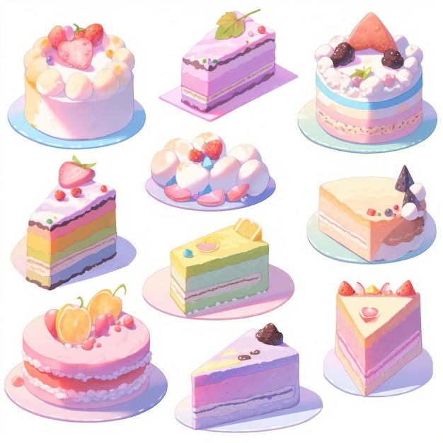 Illustration cute piece of cake set and dessert pastel color Created with Generative AI technology