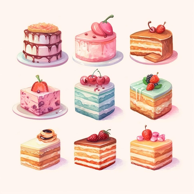 illustration cute piece of cake set and dessert