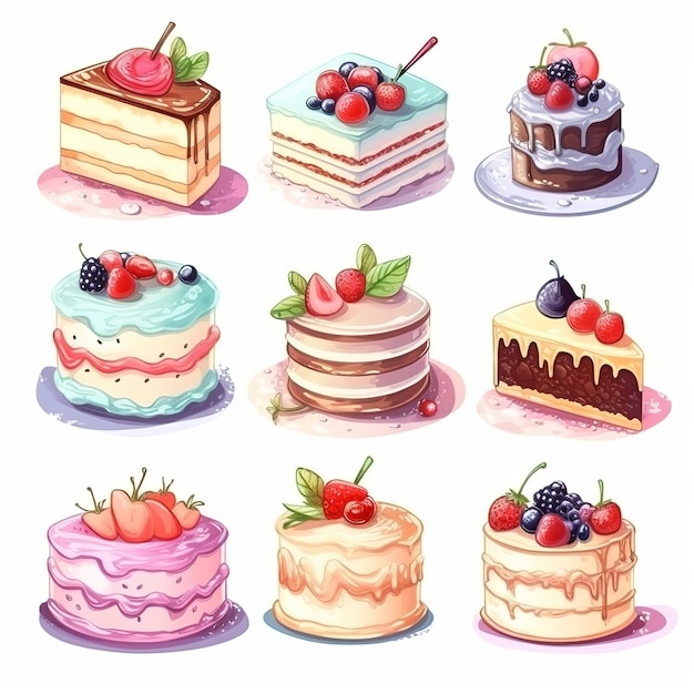 illustration cute piece of cake set and dessert