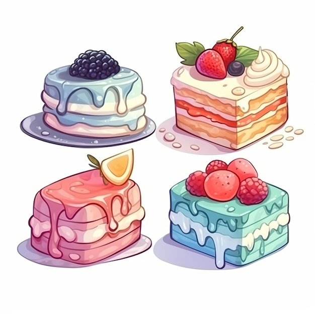 illustration cute piece of cake set and dessert