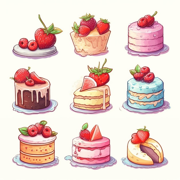 illustration cute piece of cake set and dessert