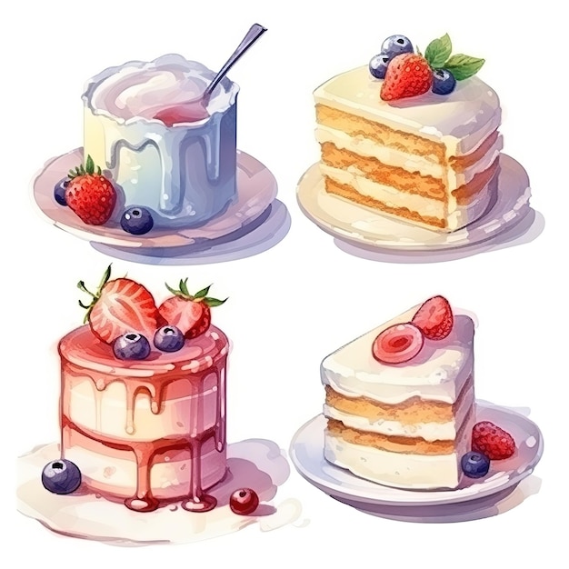 illustration cute piece of cake set and dessert