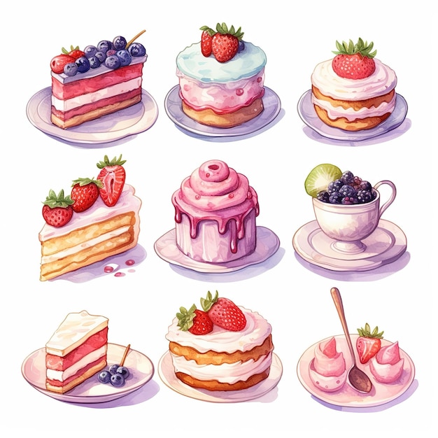 illustration cute piece of cake set and dessert