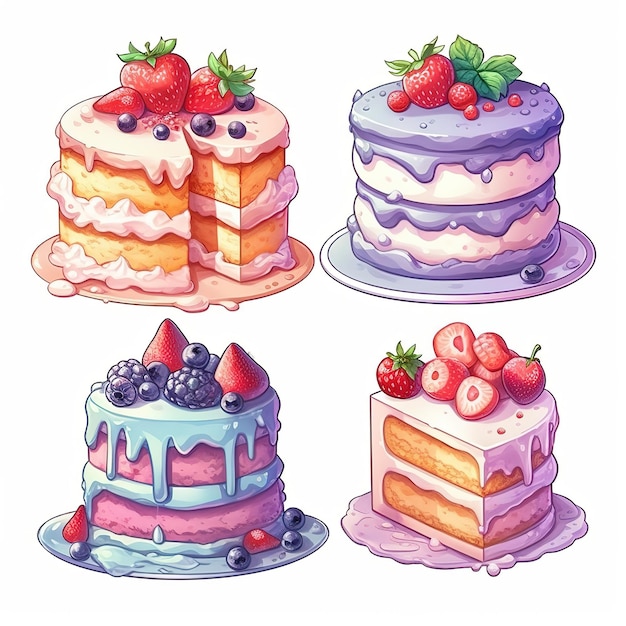 illustration cute piece of cake set and dessert