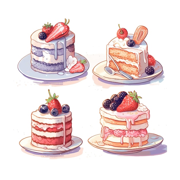 illustration cute piece of cake set and dessert