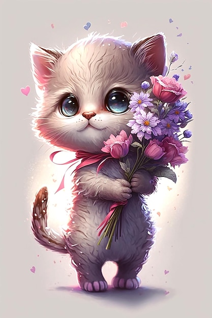 Illustration of cute pink kitten holding bouquet of flowers Generative AI