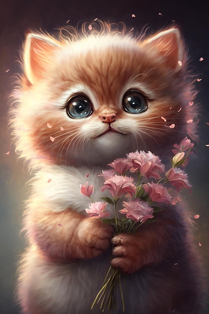 Illustration of cute pink kitten holding bouquet of flowers Generative AI