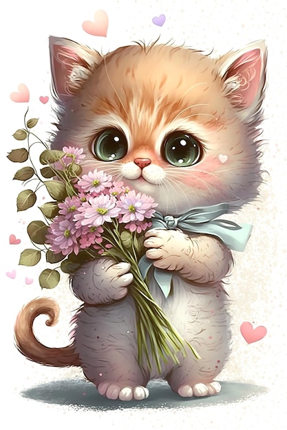 Illustration of cute pink kitten holding bouquet of flowers on white Generative AI