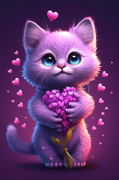 하트 배경에 꽃다발을 들고 있는 귀여운 보라색 새끼 고양이의 그림 Generative AI
