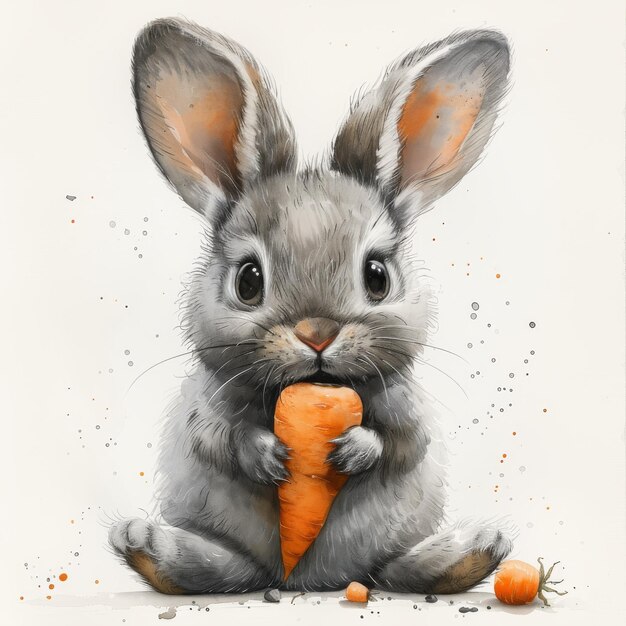 Иллюстрация милого кролика, держащего морковь на белом фоне, выполненная акварелью