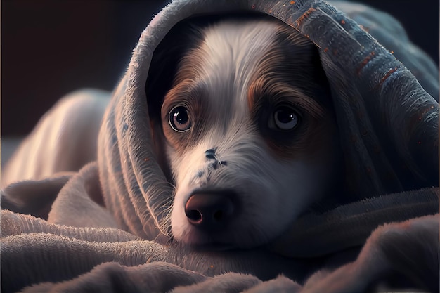 Иллюстрация милой грустной собаки под одеялом на открытом воздухе ai