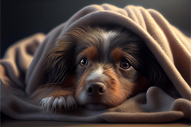 Illustration of cute sad dog under blanket outdoor ai