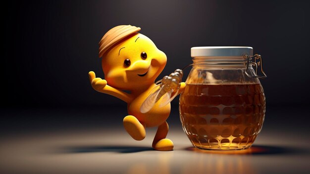 Illustration of a cute smiling honey jar character with a bee in a warm sunlit setting