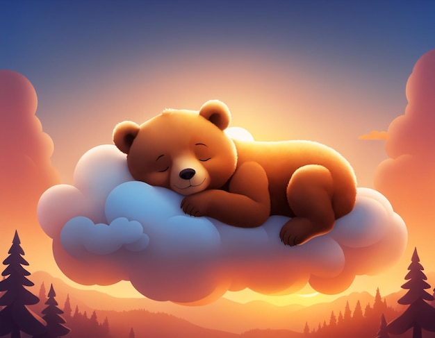 Illustration of a cute smiling little bear sleeping on a cloud with closed eyes enjoying the warm sunset atmosphere and gentle sunlight generative ai