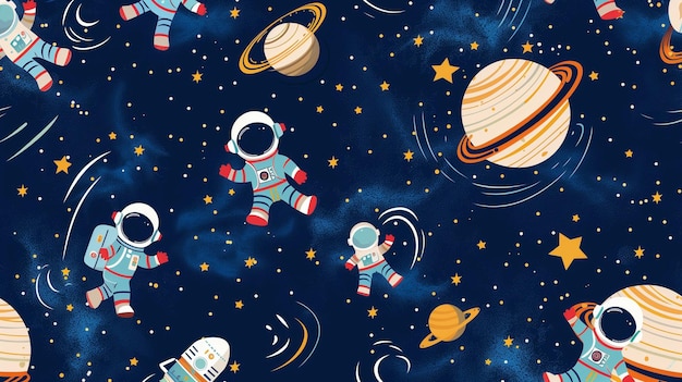 小さな宇宙飛行士を描いた可愛い宇宙パターンのイラスト