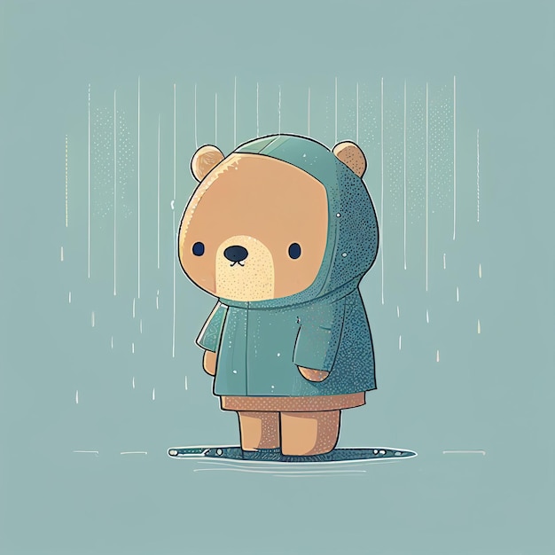 Illustration cute teddy bear standing alone on rainy day Created with Generative AI technology