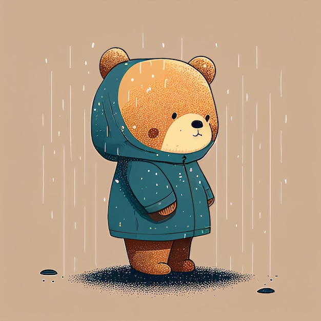 Illustrazione simpatico orsacchiotto in piedi da solo in una giornata piovosa creato con la tecnologia generativa ai