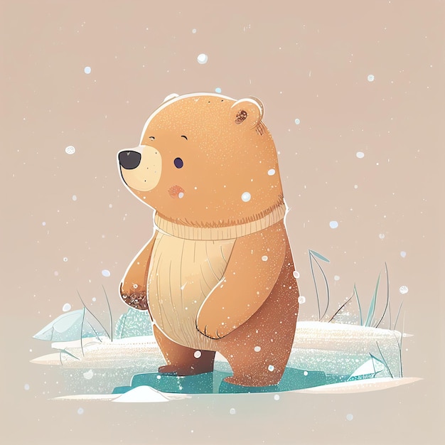 Illustration cute teddy bear standing alone on snowy day Created with Generative AI technology