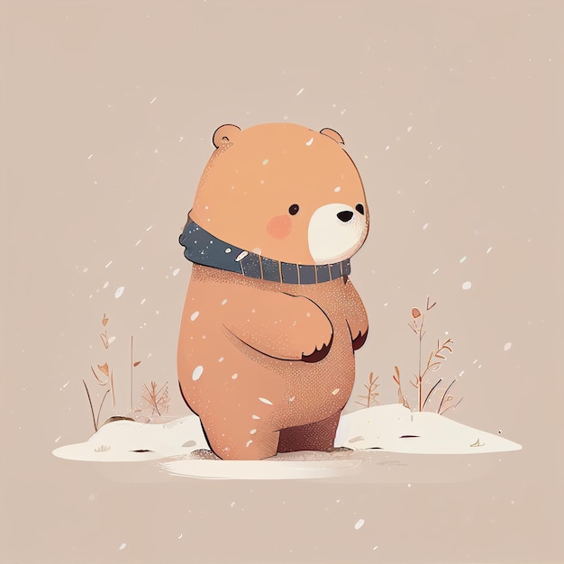 Illustration cute teddy bear standing alone on snowy day Created with Generative AI technology