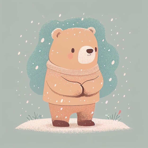 Illustration cute teddy bear standing alone on snowy day Created with Generative AI technology