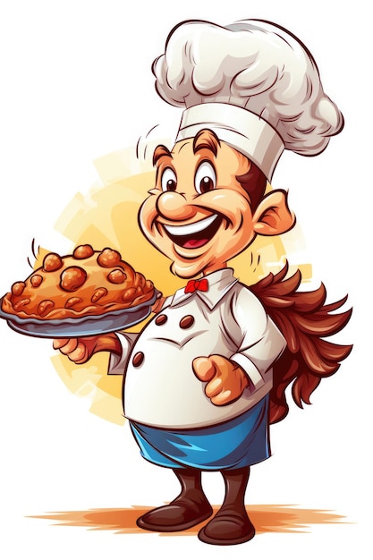 Illustration of cute turkey chef holding a pie in his hand for thanksgiving