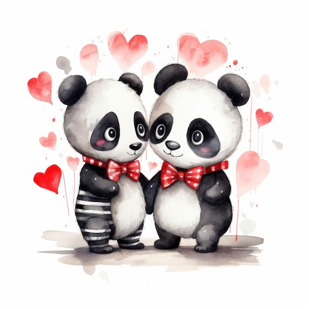 an illustration of a cute two pandas with hearts isolated