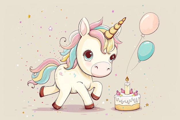 Foto illustrazione di un carino unicorno con un palloncino e una torta invito per un biglietto di auguri di compleanno
