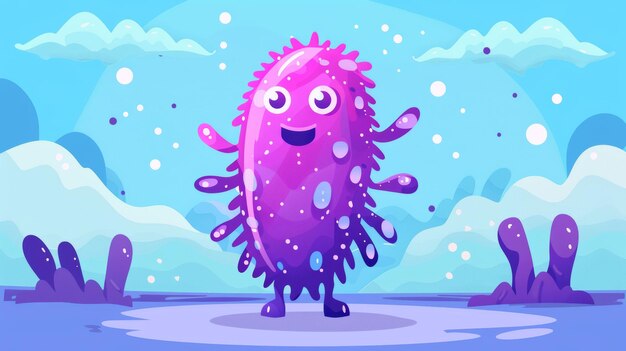 An illustration of a cute virus germ or microorganism with a funny bacteria character on a blue background Modern poster with cartoon illustration Comic bacterium cell with flagella
