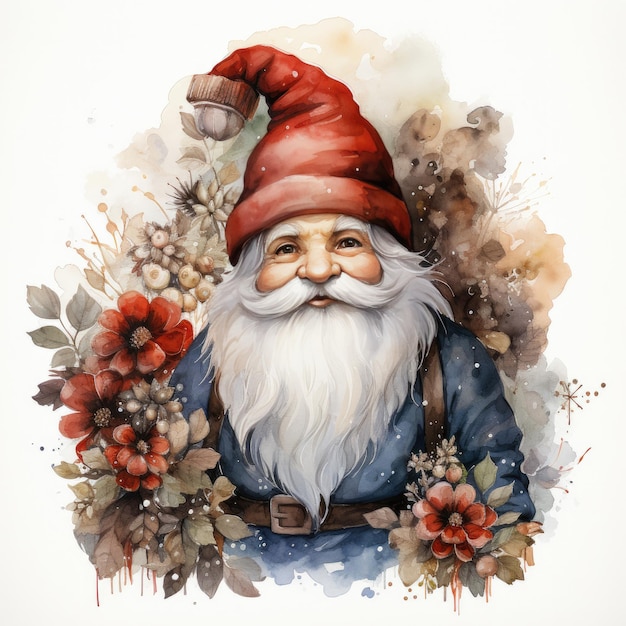 Illustration of a cute watercolor Christmas gnome in a red cap on a white background