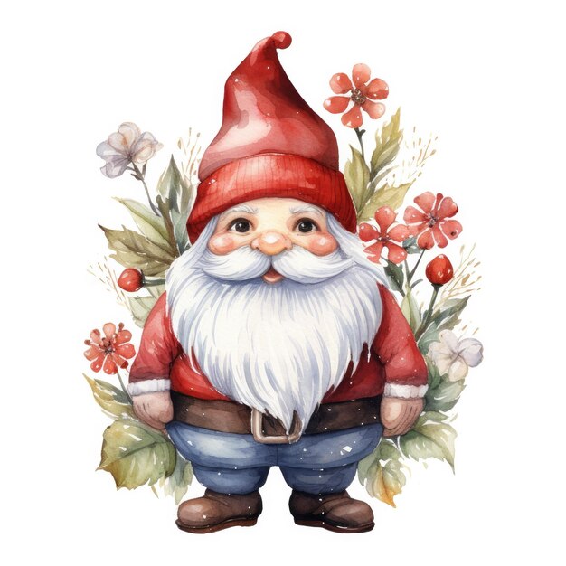 Photo illustration of a cute watercolor christmas gnome in a red cap on a white background