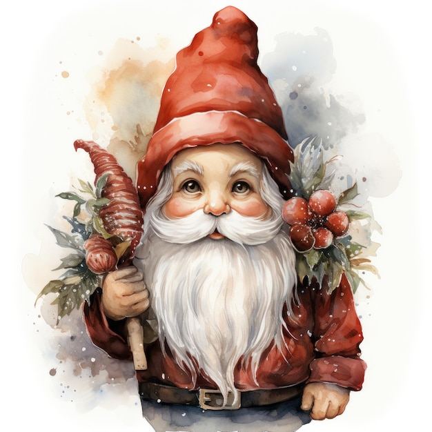 Illustration of a cute watercolor Christmas gnome in a red cap on a white background