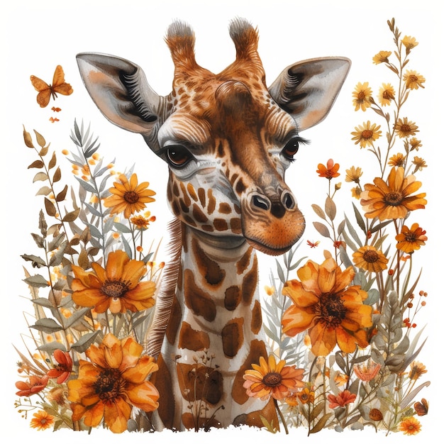 An illustration of a cute watercolor giraffe with flowers isolated on white